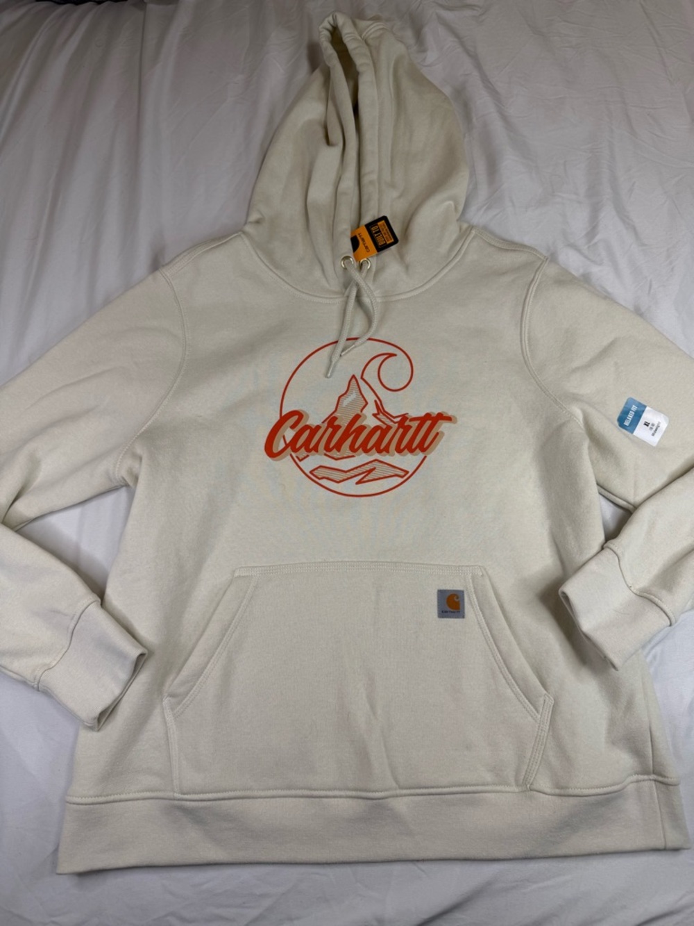 Carhartt Hoodie Womens XL Relaxed Fit Cream Logo Graphic Sweatshirt NWT